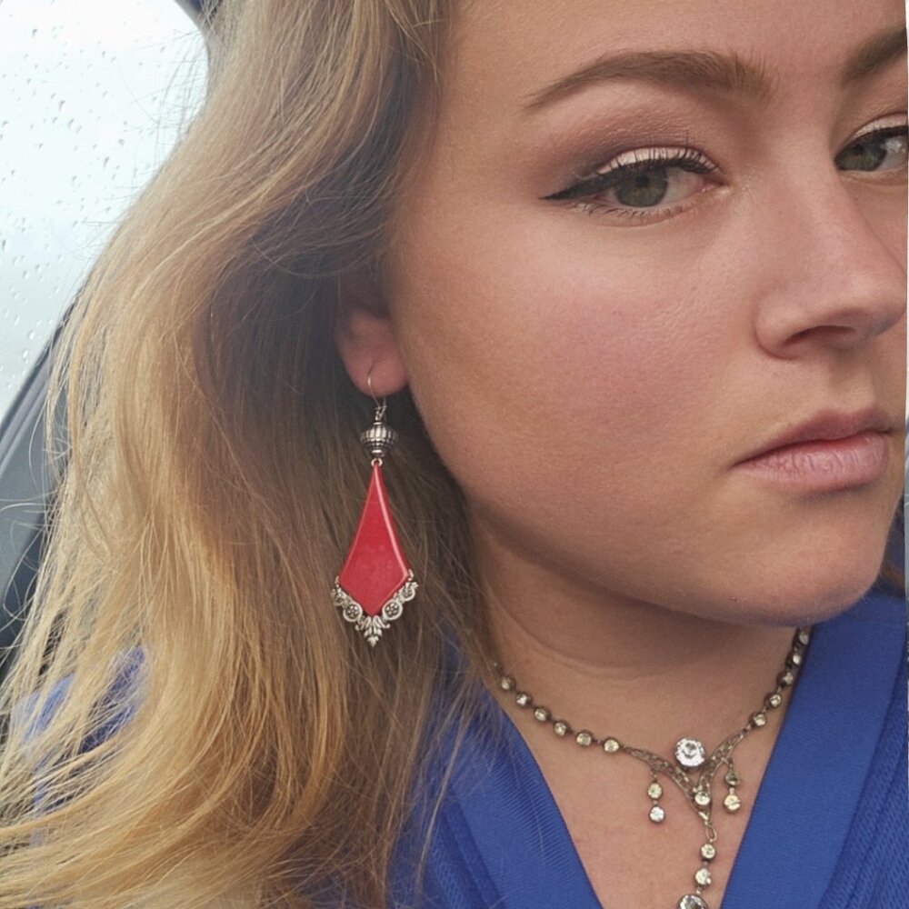 Vintage 1980s Red Lucite Silver Tone Statement Dangle Earrings